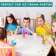 JoyServe Ice Cream Bowls and Spoons Set - (Pack of 12) Reusable Plastic Ice Cream Cups and Waffle Cone Shaped Spoons for Dessert, Frozen Yogurt, Gelato, Birthday Party Decorations