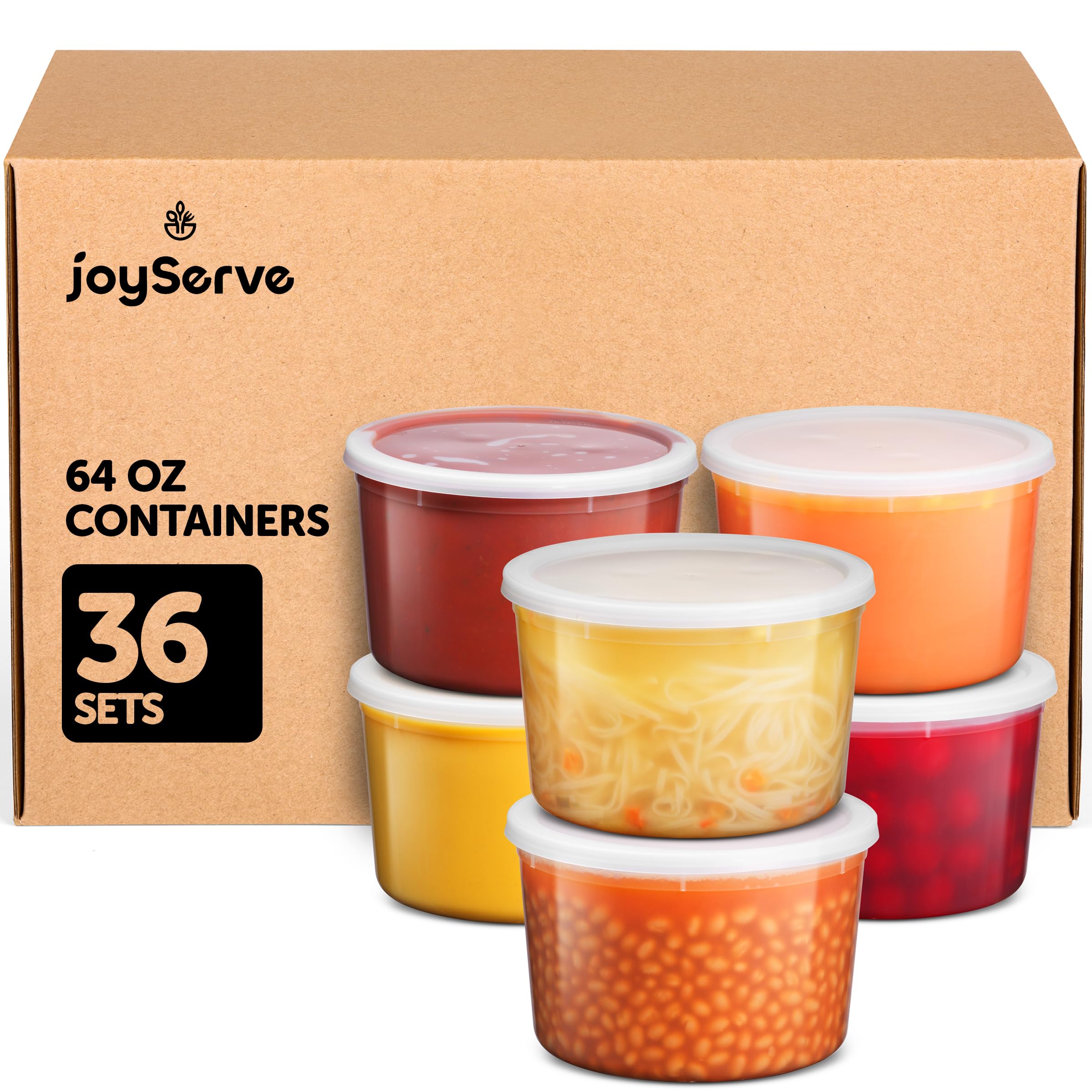 JoyServe 64 oz Food Storage Containers with Lids (Case Pack of 36 Sets), Half Gallon Round Plastic Deli Container with Leak-Proof Lid, BPA-Free, Freezer, Dishwasher & Microwave Safe