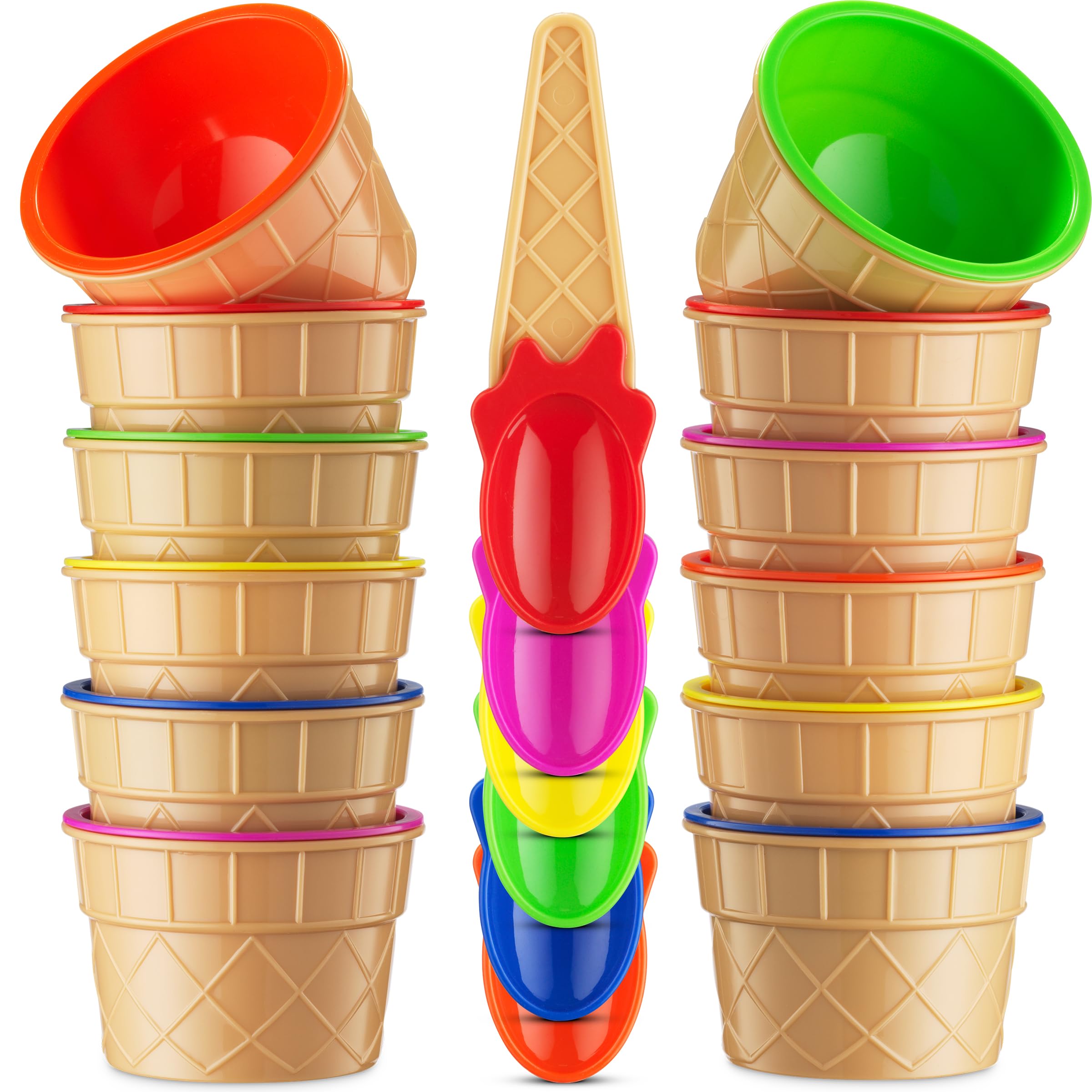 JoyServe Ice Cream Bowls and Spoons Set - (Pack of 12) Reusable Plastic Ice Cream Cups and Waffle Cone Shaped Spoons for Dessert, Frozen Yogurt, Gelato, Birthday Party Decorations