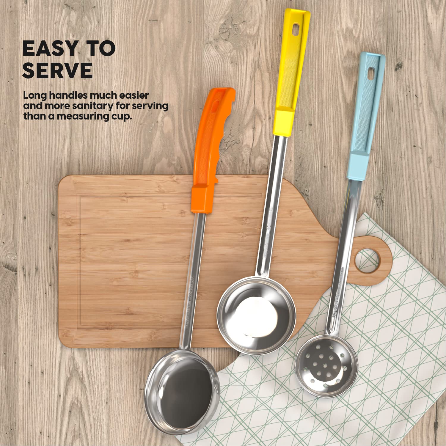 Portion Control Serving Spoons - (8 Piece Set) Restaurant Measuring Serving Ladle Utensils for Weight Loss, Bariatric Gastric Sleeve, Includes 2, 4, 6, 8 oz Solid & Perforated Scoops, 14-1/4" Long
