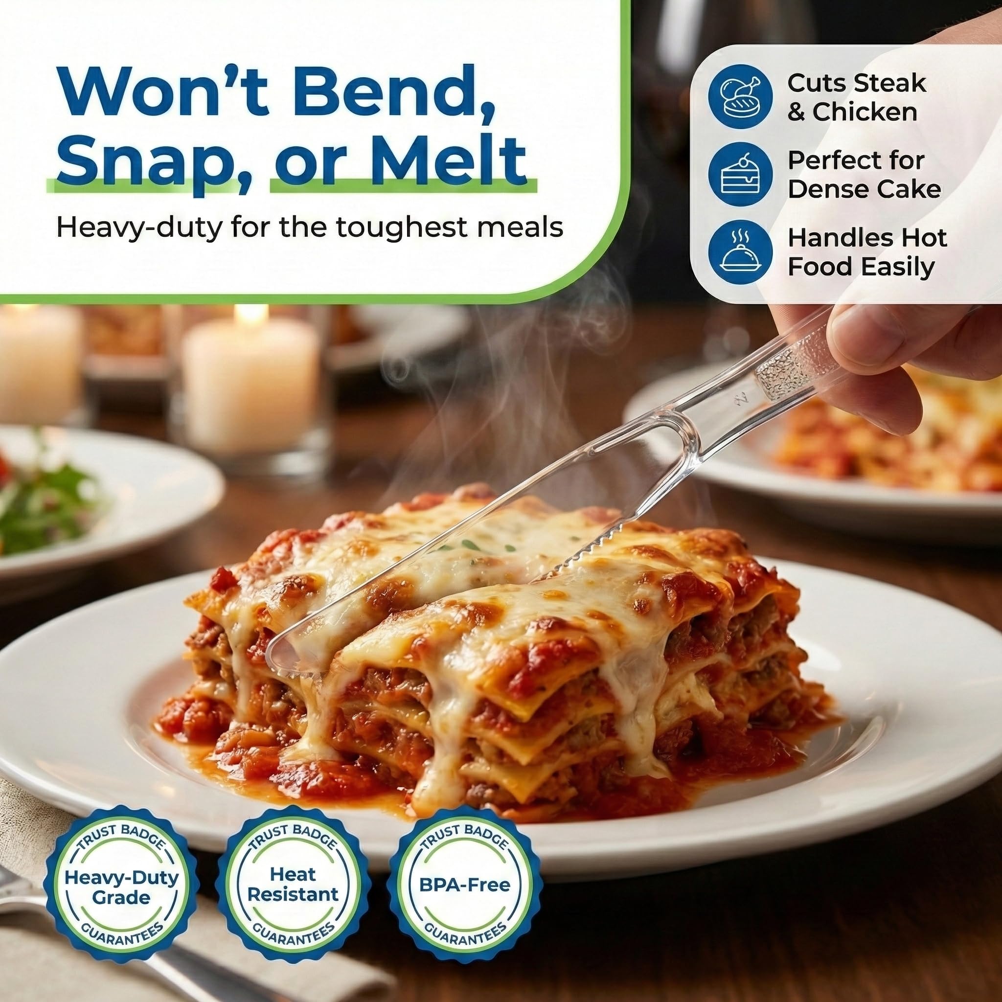 JoyServe Clear Plastic Knives Heavy Duty, Heat Resistant Party Utensils BPA-Free Heavy Duty Plastic Knives Disposable Silverware Cutlery, Catering Dinner Party Supplies - Bulk Knife Pack 1080