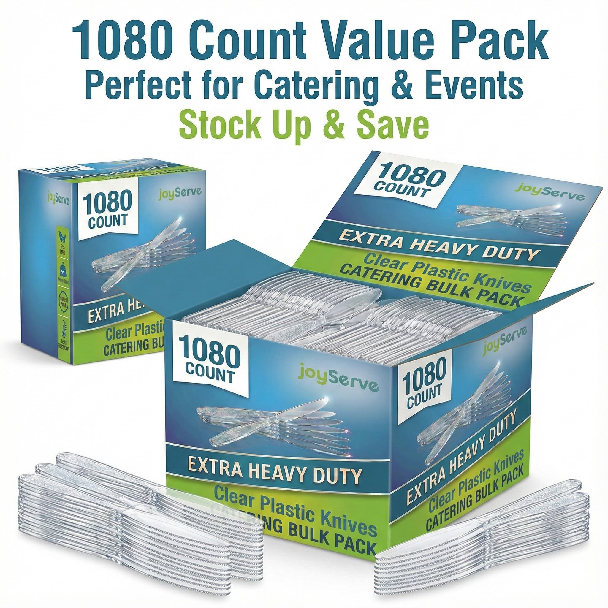 JoyServe Clear Plastic Knives Heavy Duty, Heat Resistant Party Utensils BPA-Free Heavy Duty Plastic Knives Disposable Silverware Cutlery, Catering Dinner Party Supplies - Bulk Knife Pack 1080