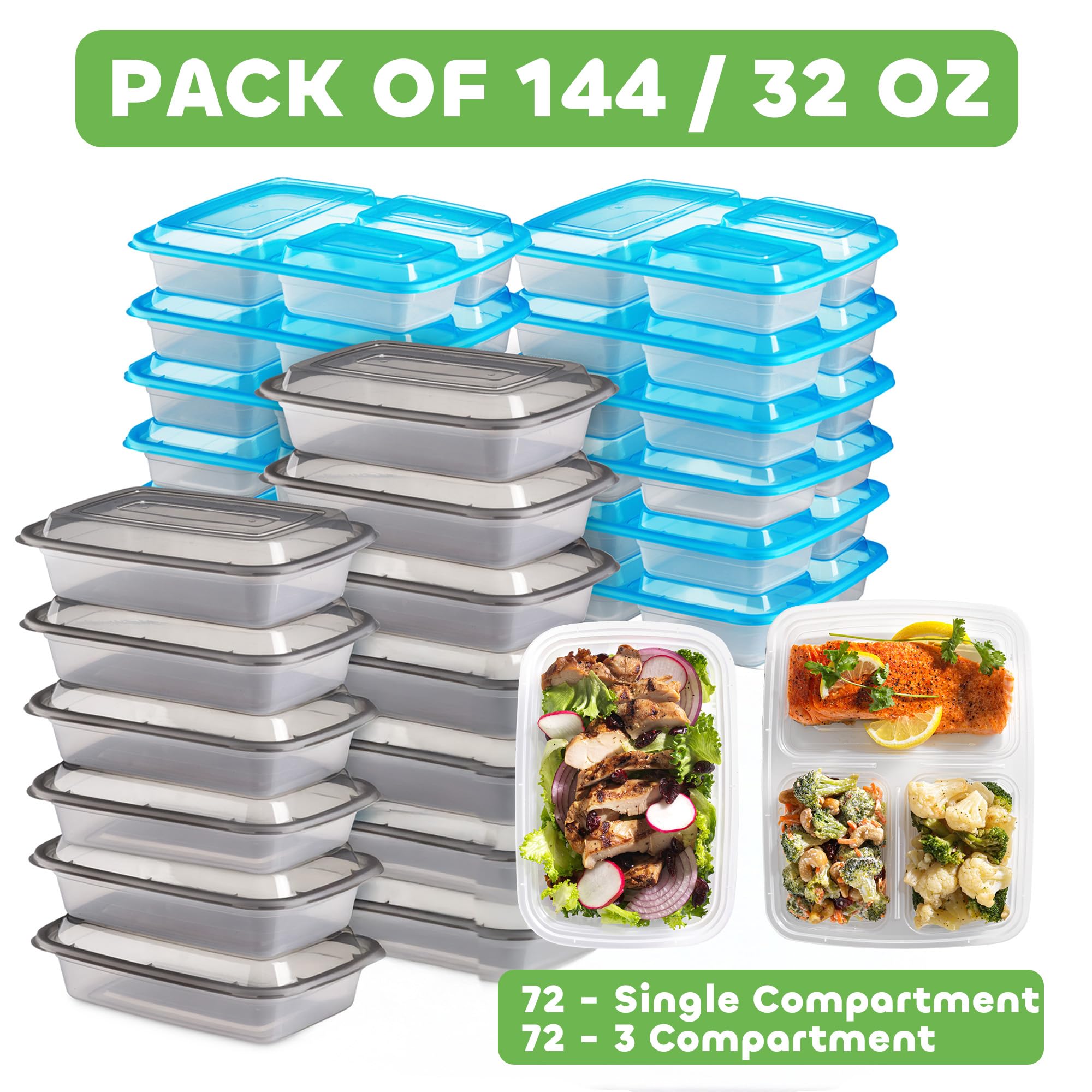 Food Storage Containers With Lids - (144 Pack-32 Oz) 72- 3 Compartment Meal Prep Containers Reusable Or Disposable & 72- Single Food Storage Bento Boxes, Bpa Free, Microwave, Freezer, Dishwasher Safe