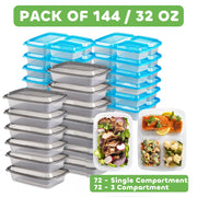 Food Storage Containers With Lids - (144 Pack-32 Oz) 72- 3 Compartment Meal Prep Containers Reusable Or Disposable & 72- Single Food Storage Bento Boxes, Bpa Free, Microwave, Freezer, Dishwasher Safe