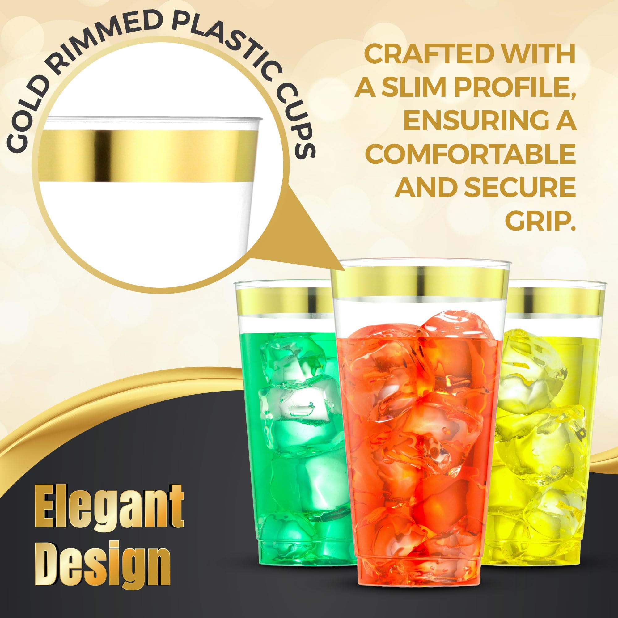 JoyServe 16 Oz Gold Clear Plastic Cups - (72 Count) Elegant Disposable Plastic Cups for Party, Gold Rimmed Fancy Tumblers for Drinks, Cocktail Parties, Birthdays, Baby Showers, Weddings and Events