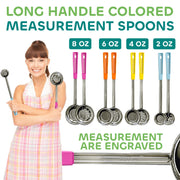 Portion Control Serving Spoons - (8 Piece Set) Restaurant Measuring Serving Ladle Utensils for Weight Loss, Bariatric Gastric Sleeve, Includes 2, 4, 6, 8 oz Solid & Perforated Scoops, 14-1/4" Long