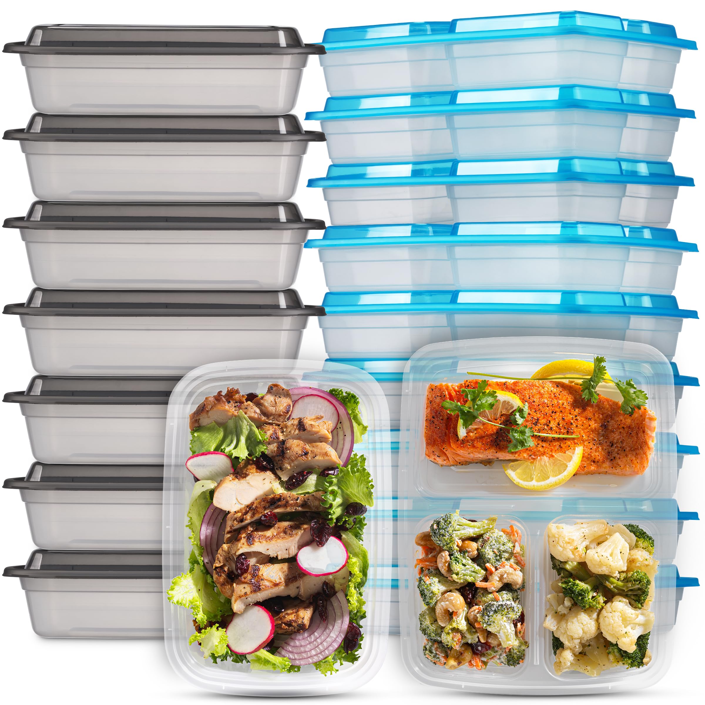 Food Storage Containers With Lids - (24 Pack-32 Oz) 12- 3 Compartment Meal Prep Containers Reusable Or Disposable & 12- Single Food Storage Bento Boxes, Bpa Free, Microwave, Freezer, Dishwasher Safe