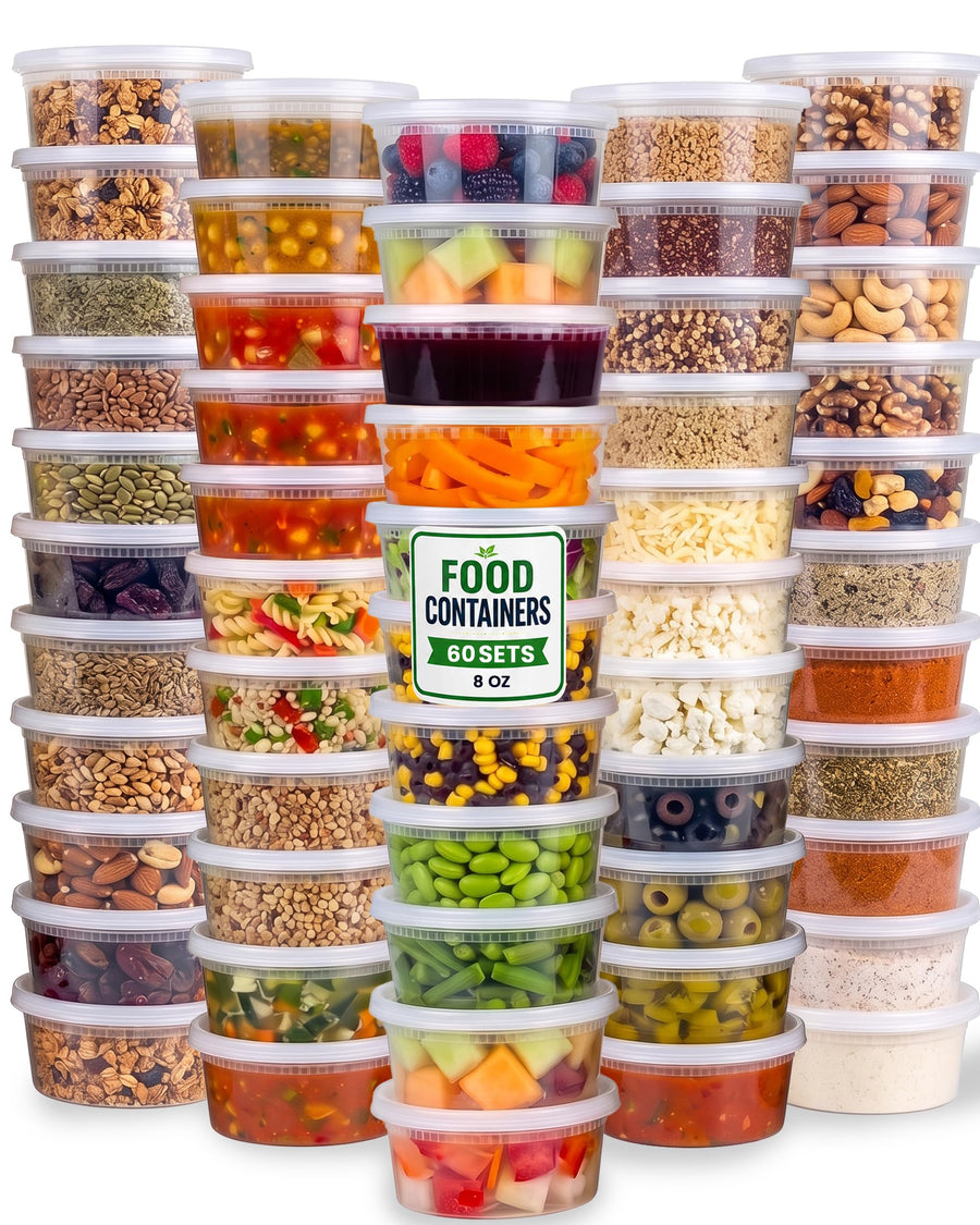 JoyServe 8oz Plastic Food Storage Containers with Lids (60 Sets/120-Pcs)