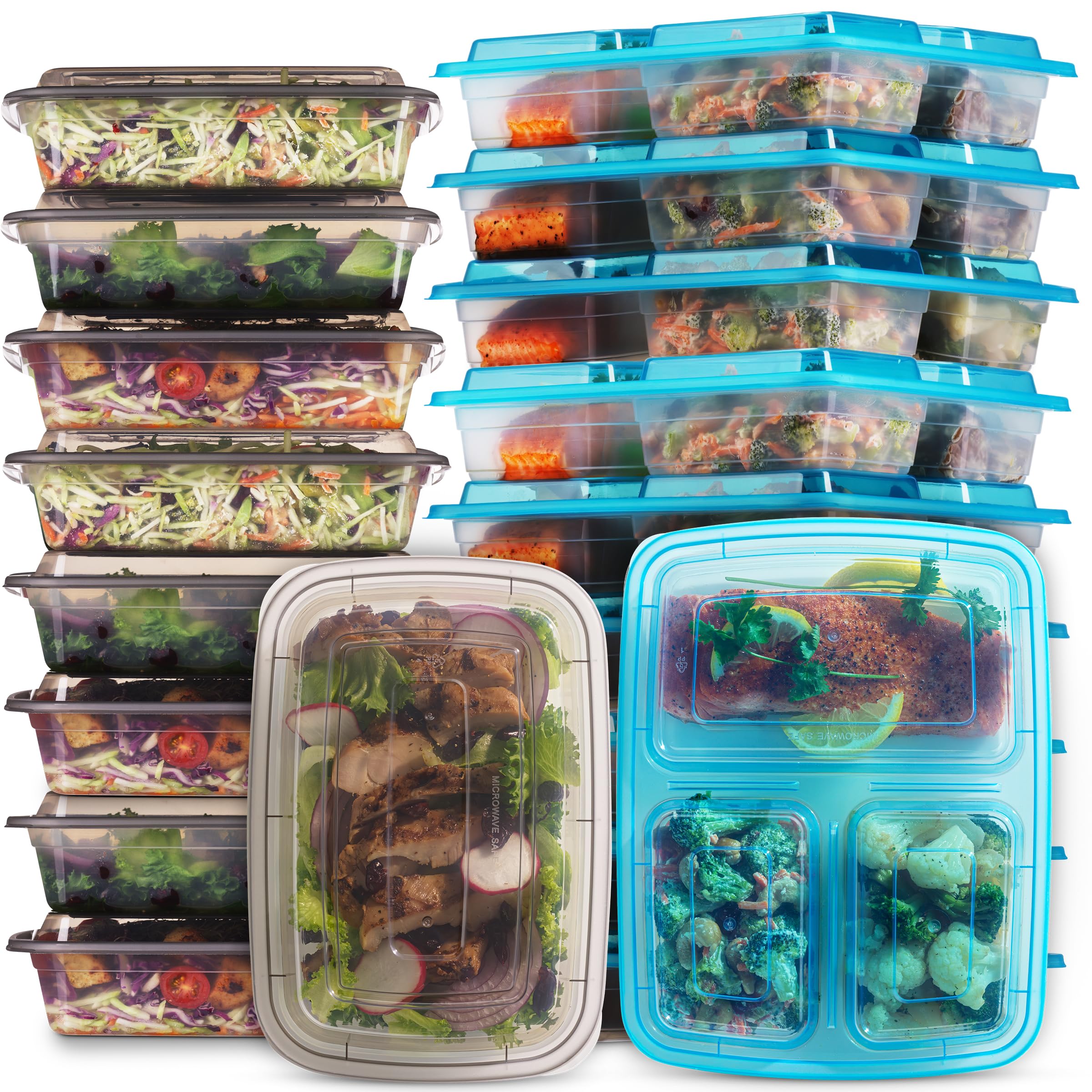 Food Storage Containers With Lids - (24 Pack-32 Oz) 12- 3 Compartment Meal Prep Containers Reusable Or Disposable & 12- Single Food Storage Bento Boxes, Bpa Free, Microwave, Freezer, Dishwasher Safe