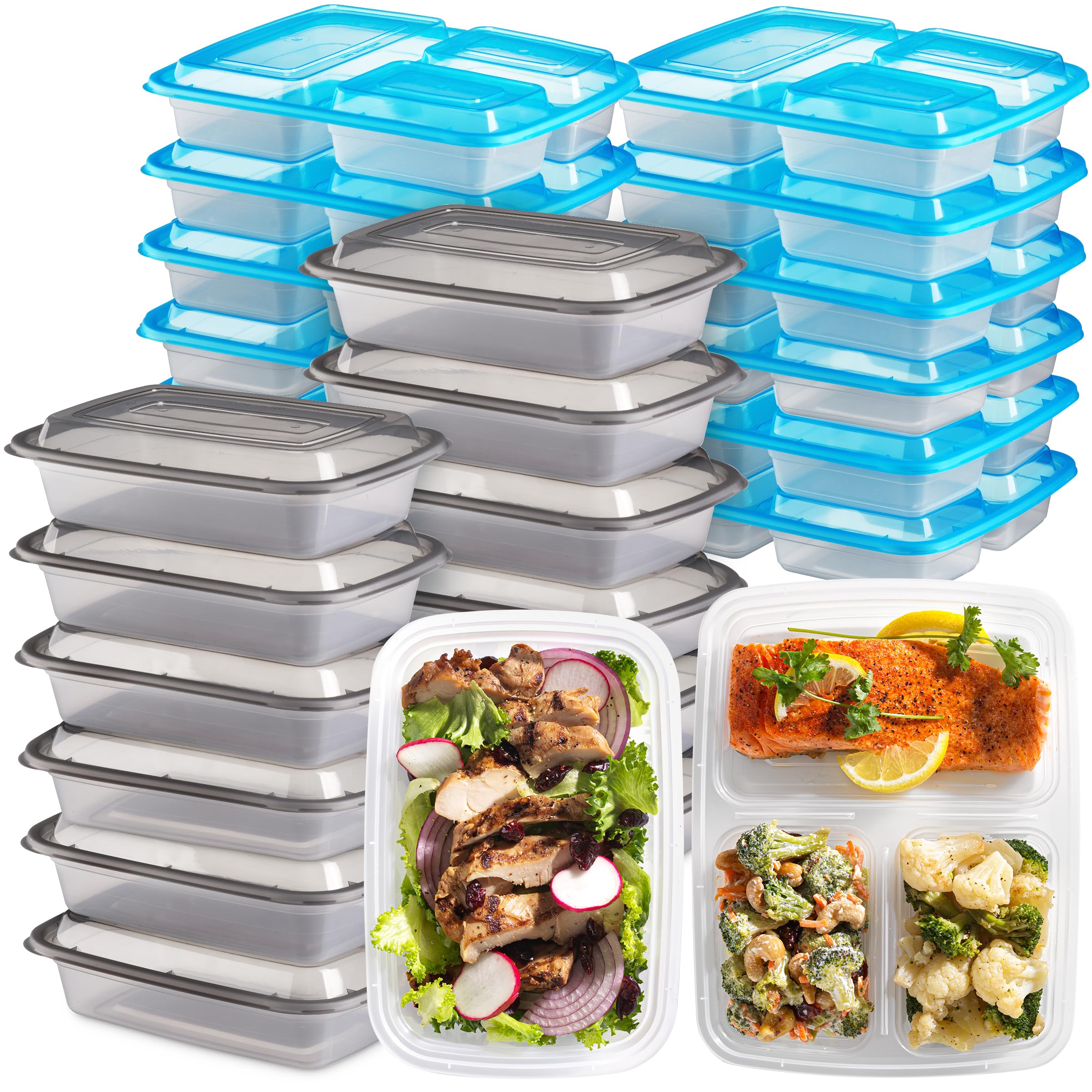 Food Storage Containers With Lids - (24 Pack-32 Oz) 12- 3 Compartment Meal Prep Containers Reusable Or Disposable & 12- Single Food Storage Bento Boxes, Bpa Free, Microwave, Freezer, Dishwasher Safe