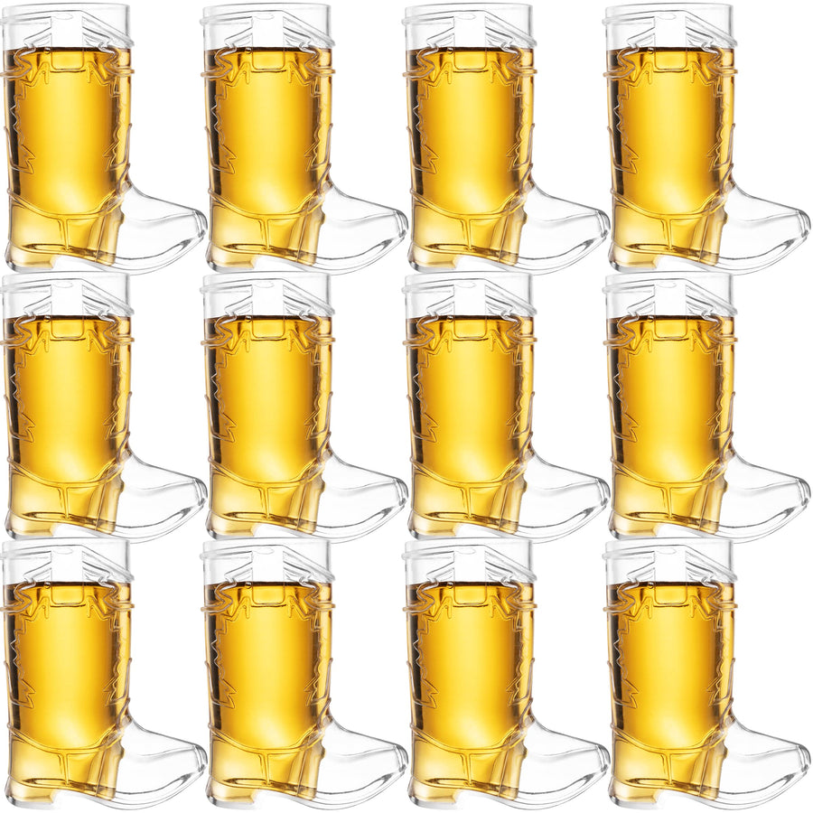 Cowboy Boot Shot Glasses - (Dozen Pack of 12) Mini Reusable and Disposable Clear Plastic Shot Glass Cups for Themed Birthday Parties Decorations and Cowboy Bachelorette Party Favors, Holds 1-Oz