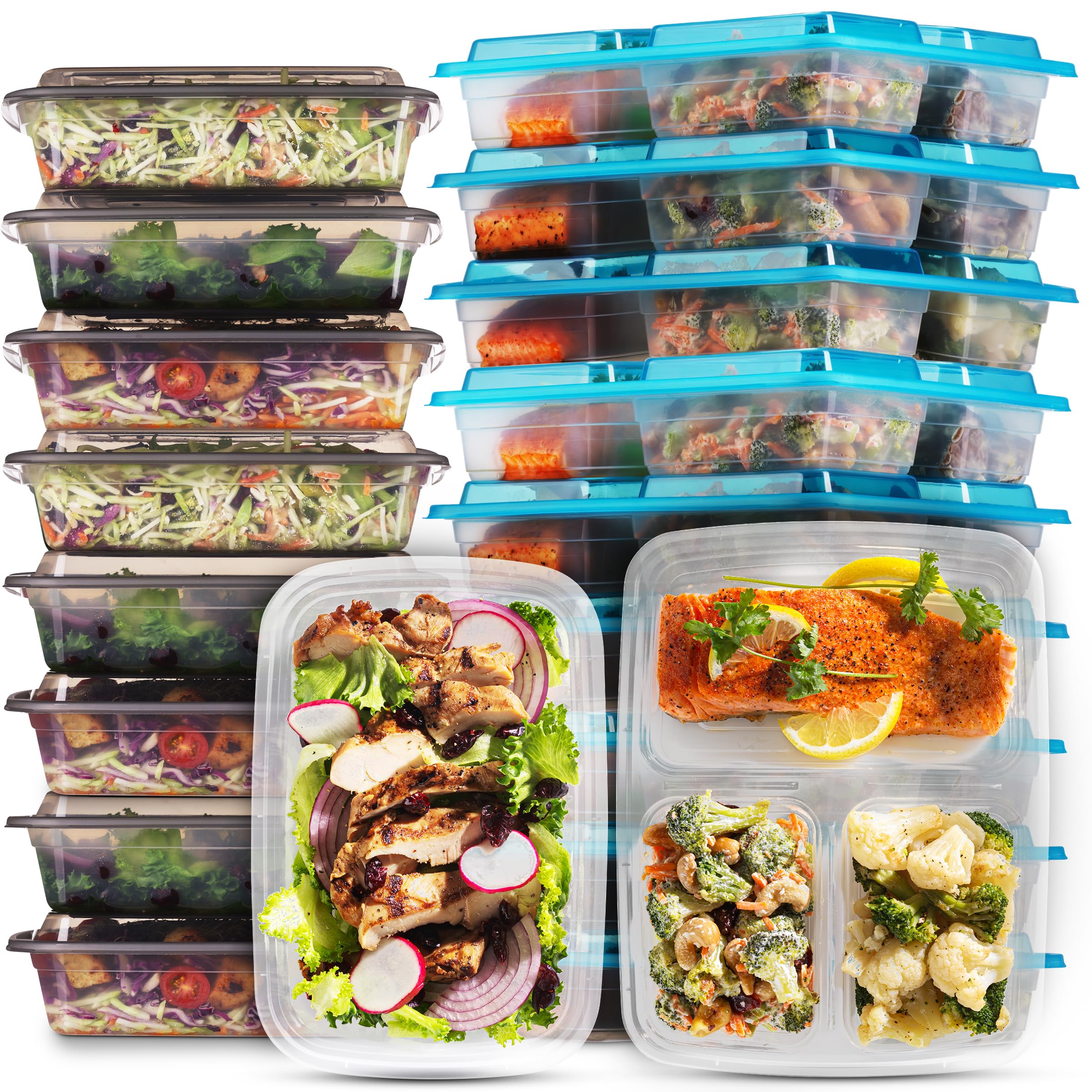 Food Storage Containers With Lids - (24 Pack-32 Oz) 12- 3 Compartment Meal Prep Containers Reusable Or Disposable & 12- Single Food Storage Bento Boxes, Bpa Free, Microwave, Freezer, Dishwasher Safe