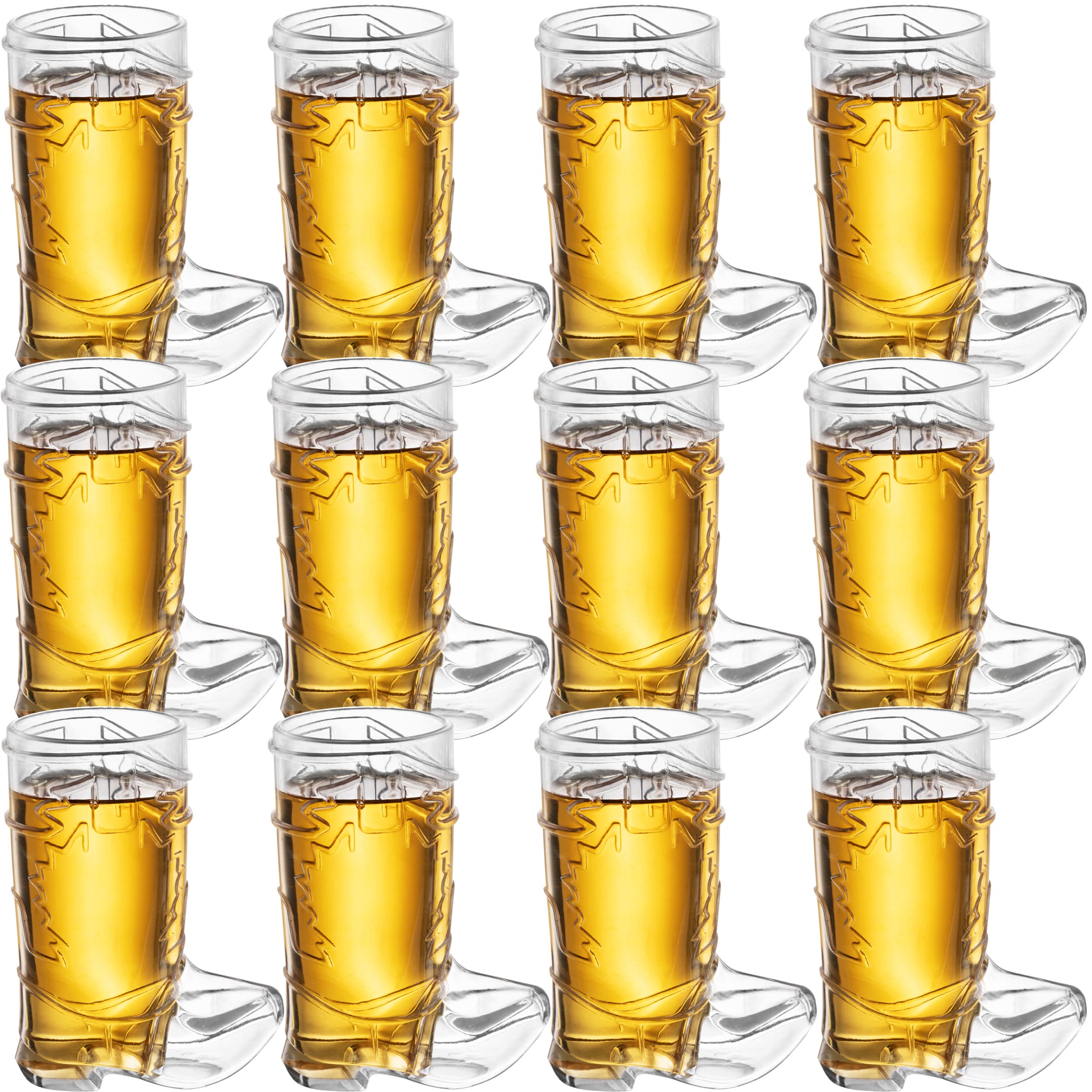 Cowboy Boot Shot Glasses - (Dozen Pack of 12) Mini Reusable and Disposable Clear Plastic Shot Glass Cups for Themed Birthday Parties Decorations and Cowboy Bachelorette Party Favors, Holds 1-Oz